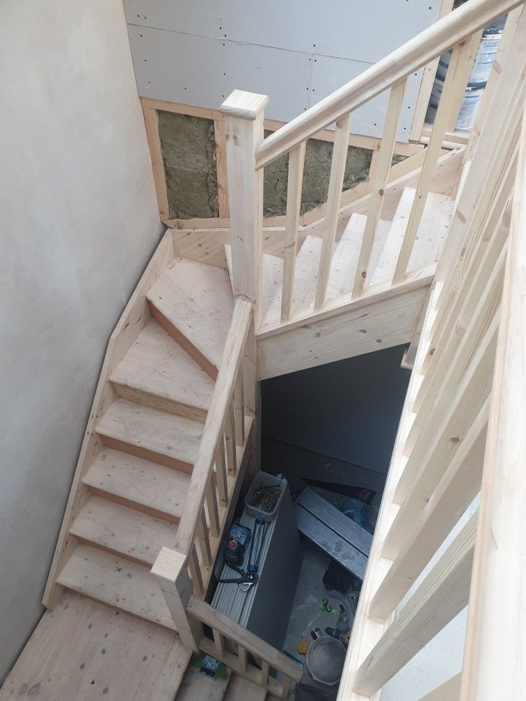 New timber staircase and balustrade, looking down from the landing